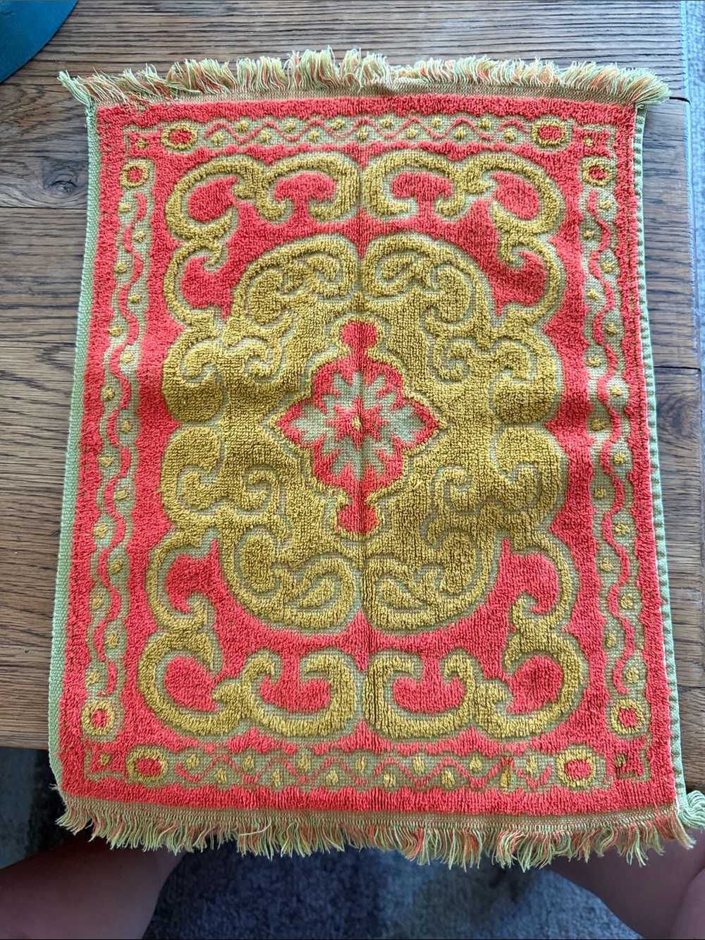 Vintage MCM Ornate Hand Towels in Olive Green , Orange and Mustard